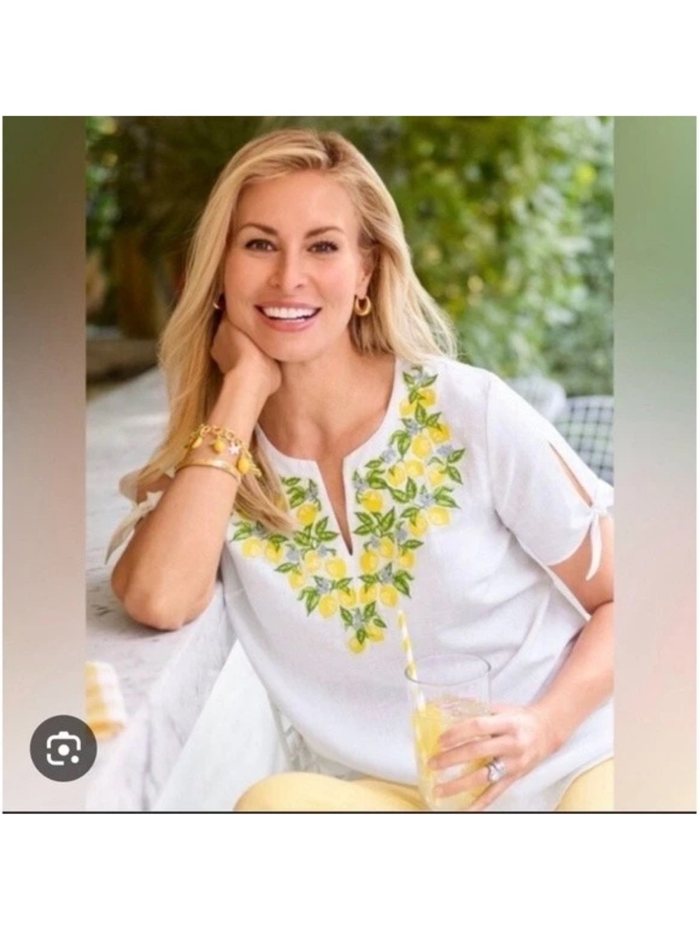 Talbots White Split-Neck Top with Yellow Lemon Embroidery